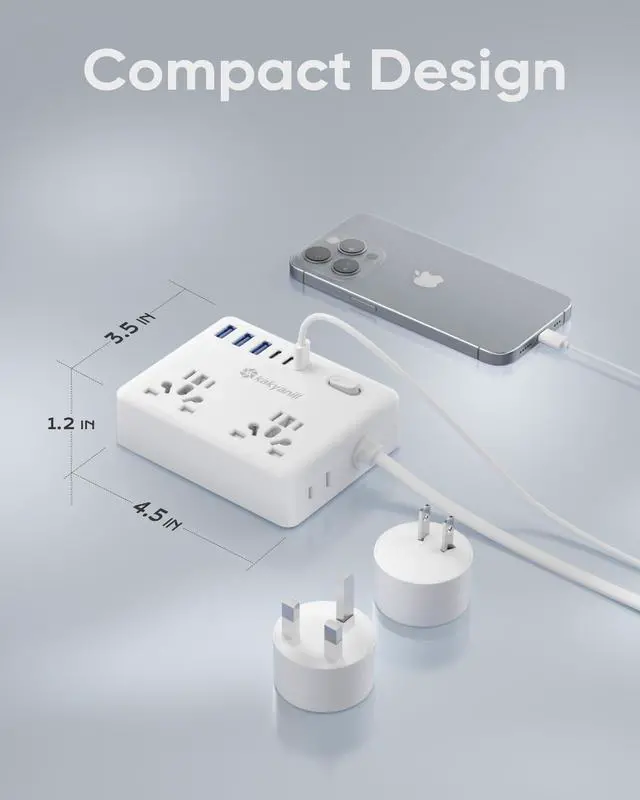 Alt view image 6 of 6 - Universal Travel Adapter, European Travel Plug Adapter, EU/UK/AU/Plug Adapter, 4 AC Outlets, 6 USB Ports (3 USB C), 5ft Flat Extension Cord, Compact for Travel
