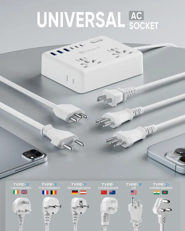 Alt view image 4 of 6 - Universal Travel Adapter, European Travel Plug Adapter, EU/UK/AU/Plug Adapter, 4 AC Outlets, 6 USB Ports (3 USB C), 5ft Flat Extension Cord, Compact for Travel