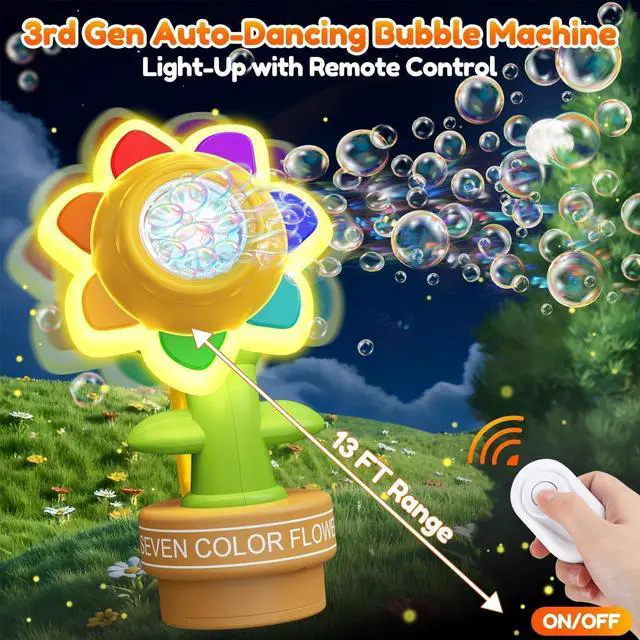 Alt view image 2 of 7 - Remote Control Flower Bubble Machine for Kids Toy Ages 3 4 5 6 7 8 | Direct Charge, LED Light, Automatic Dance, 2 Mode Play, Bubble Maker Wands Christmas Birthday Easter Valentines Gift, Wedding