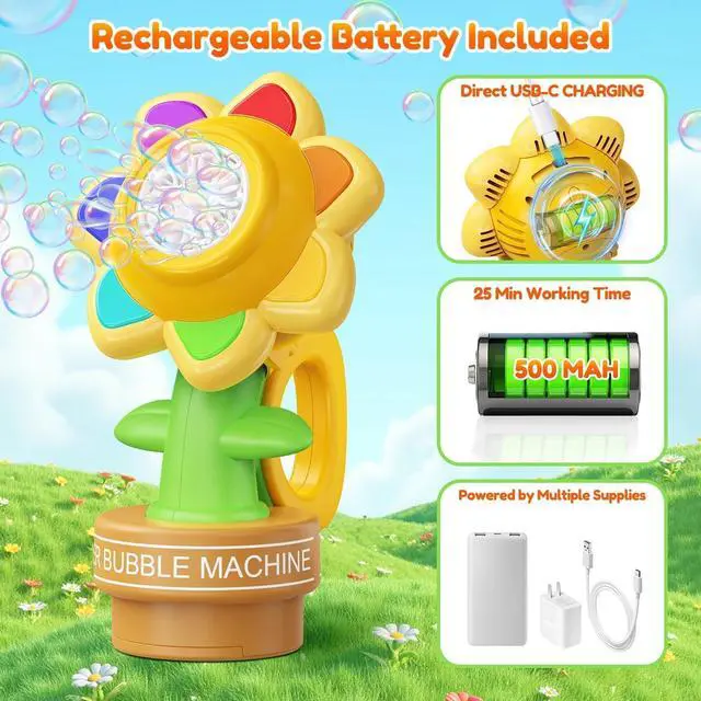 Alt view image 3 of 7 - Remote Control Flower Bubble Machine for Kids Toy Ages 3 4 5 6 7 8 | Direct Charge, LED Light, Automatic Dance, 2 Mode Play, Bubble Maker Wands Christmas Birthday Easter Valentines Gift, Wedding