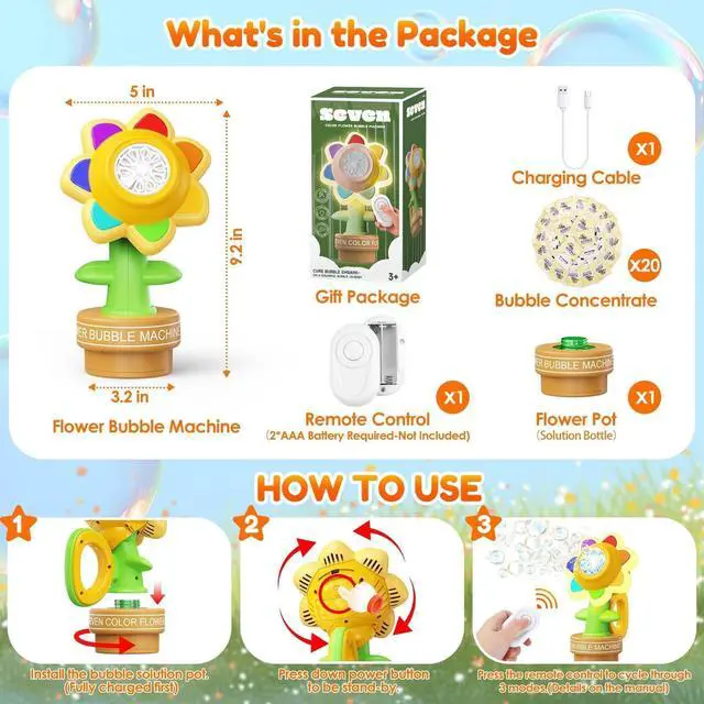 Alt view image 7 of 7 - Remote Control Flower Bubble Machine for Kids Toy Ages 3 4 5 6 7 8 | Direct Charge, LED Light, Automatic Dance, 2 Mode Play, Bubble Maker Wands Christmas Birthday Easter Valentines Gift, Wedding