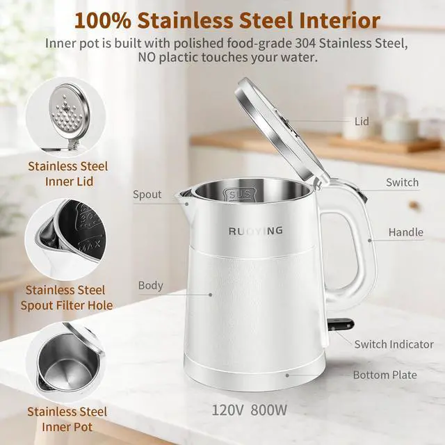 Alt view image 2 of 7 - 0.8L Portable Stainless Steel Travel Electric Kettle, Double Wall | White. Small Capacity, Cool Touch Double Wall Stainless Steel, Fast Boil, Auto Shutoff & Boil Dry Safety, 2-Year Warranty
