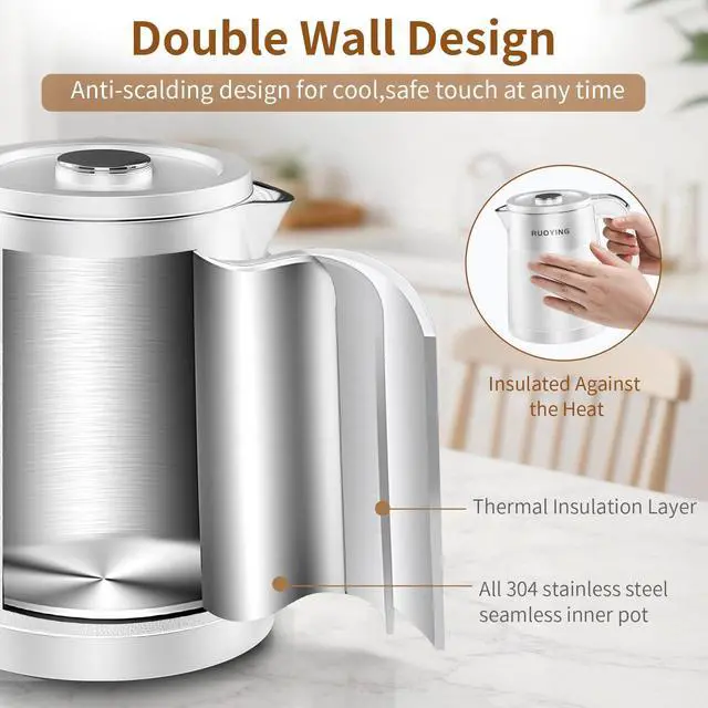 Alt view image 3 of 7 - 0.8L Portable Stainless Steel Travel Electric Kettle, Double Wall | White. Small Capacity, Cool Touch Double Wall Stainless Steel, Fast Boil, Auto Shutoff & Boil Dry Safety, 2-Year Warranty
