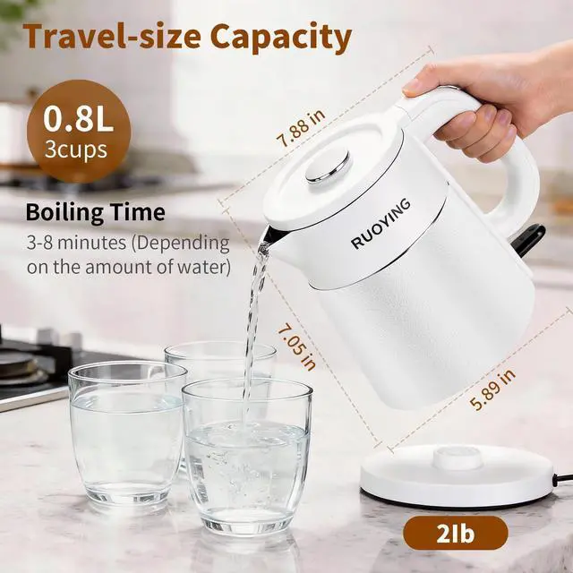Alt view image 5 of 7 - 0.8L Portable Stainless Steel Travel Electric Kettle, Double Wall | White. Small Capacity, Cool Touch Double Wall Stainless Steel, Fast Boil, Auto Shutoff & Boil Dry Safety, 2-Year Warranty