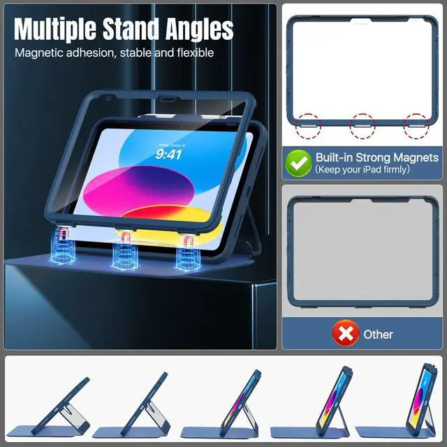 Alt view image 4 of 7 - for iPad 11-inch (A16) 11th Generation Case 2025/ iPad 10th Generation Case with Pencil Holder 2022 10.9 inch, Built-in Screen Protector Clear Back, Multi Angle Viewing Stand, Navy Blue
