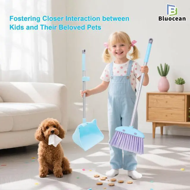 Alt view image 2 of 7 - 28'' Kids Mini Broom and Dustpan Set - Toddler Cleaning Toy, Toddler Household Helper, Parent-Child Interactive Play Cleaning Tool, Cute Cartoon Design, Small Safe Corner Broom (Blue)