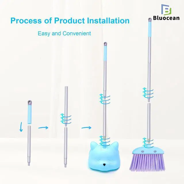 Alt view image 3 of 7 - 28'' Kids Mini Broom and Dustpan Set - Toddler Cleaning Toy, Toddler Household Helper, Parent-Child Interactive Play Cleaning Tool, Cute Cartoon Design, Small Safe Corner Broom (Blue)