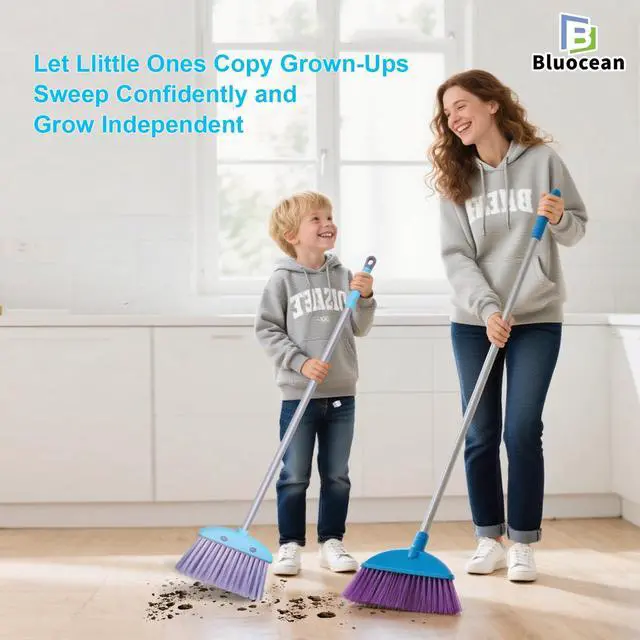 Alt view image 5 of 7 - 28'' Kids Mini Broom and Dustpan Set - Toddler Cleaning Toy, Toddler Household Helper, Parent-Child Interactive Play Cleaning Tool, Cute Cartoon Design, Small Safe Corner Broom (Blue)