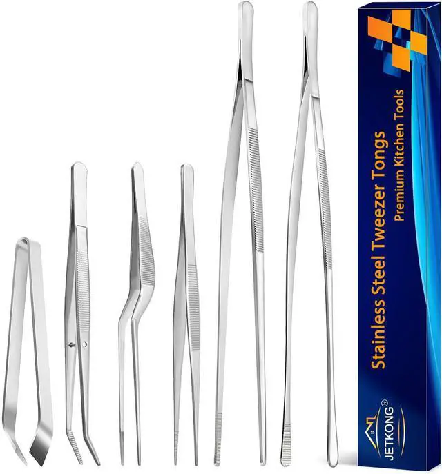 Main image of 6 Pcs Cooking Tweezer Tongs, 12'' and 6.3" Stainless Steel Kitchen Tweezer Set, Professional Chef Tweezers for Cooking, Repairing, Sea Food, BBQ, Multi-use