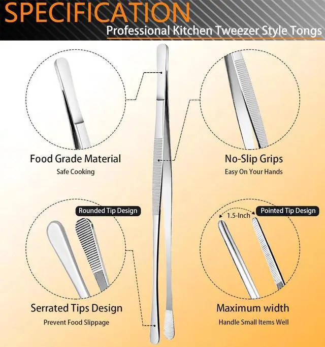 Alt view image 2 of 7 - 6 Pcs Cooking Tweezer Tongs, 12'' and 6.3" Stainless Steel Kitchen Tweezer Set, Professional Chef Tweezers for Cooking, Repairing, Sea Food, BBQ, Multi-use