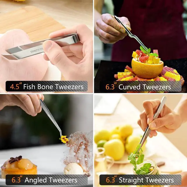 Alt view image 5 of 7 - 6 Pcs Cooking Tweezer Tongs, 12'' and 6.3" Stainless Steel Kitchen Tweezer Set, Professional Chef Tweezers for Cooking, Repairing, Sea Food, BBQ, Multi-use