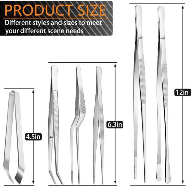 Alt view image 3 of 7 - 6 Pcs Cooking Tweezer Tongs, 12'' and 6.3" Stainless Steel Kitchen Tweezer Set, Professional Chef Tweezers for Cooking, Repairing, Sea Food, BBQ, Multi-use