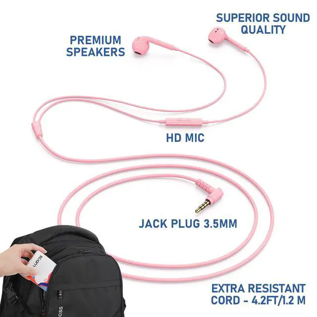 Alt view image 2 of 7 - Zenith Wired Earbuds in-Ear Headphones, 5 Year Warranty, Earphones with Microphone, Corded for 3.5mm Jack Ear Buds for iPhone, Samsung, Computer, Laptop, Kids, School Students, Small Ear - Pink