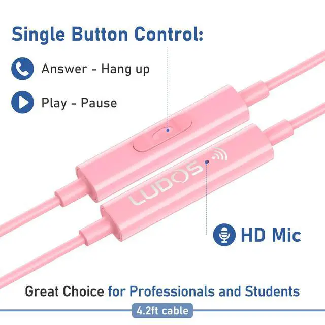 Alt view image 4 of 7 - Zenith Wired Earbuds in-Ear Headphones, 5 Year Warranty, Earphones with Microphone, Corded for 3.5mm Jack Ear Buds for iPhone, Samsung, Computer, Laptop, Kids, School Students, Small Ear - Pink