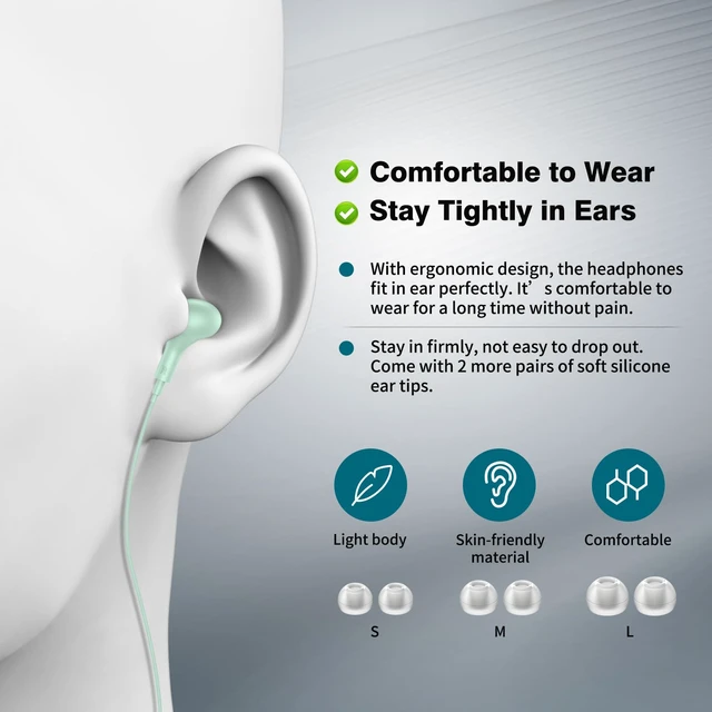 Alt view image 3 of 7 - Wired Earbuds in-Ear Headphones 3.5mm Jack for Laptop/School Mint Noise Isolation Small Earphones, Corded Plug-in Ear Buds Mic Volume Control for iPhone/Samsung/Android/PC/Gaming Console/Kids