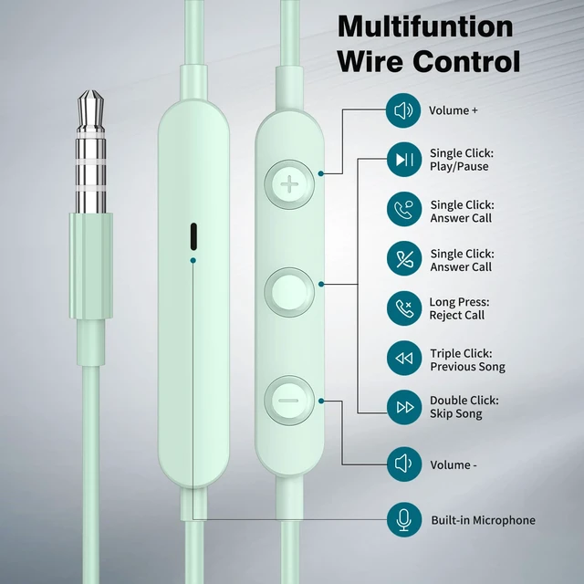 Alt view image 6 of 7 - Wired Earbuds in-Ear Headphones 3.5mm Jack for Laptop/School Mint Noise Isolation Small Earphones, Corded Plug-in Ear Buds Mic Volume Control for iPhone/Samsung/Android/PC/Gaming Console/Kids