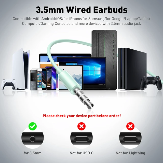 Alt view image 7 of 7 - Wired Earbuds in-Ear Headphones 3.5mm Jack for Laptop/School Mint Noise Isolation Small Earphones, Corded Plug-in Ear Buds Mic Volume Control for iPhone/Samsung/Android/PC/Gaming Console/Kids
