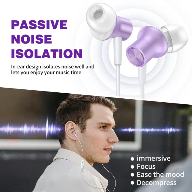 Alt view image 3 of 7 - 3.5mm Headphones Wired Earbuds for Chromebook Laptop PC, Purple Noise Isolating Ear Buds Wired Plug in Audio Jack Mic/Mute HiFi Stereo Headphone Cord Earphones for Kindle Fire Laptop School