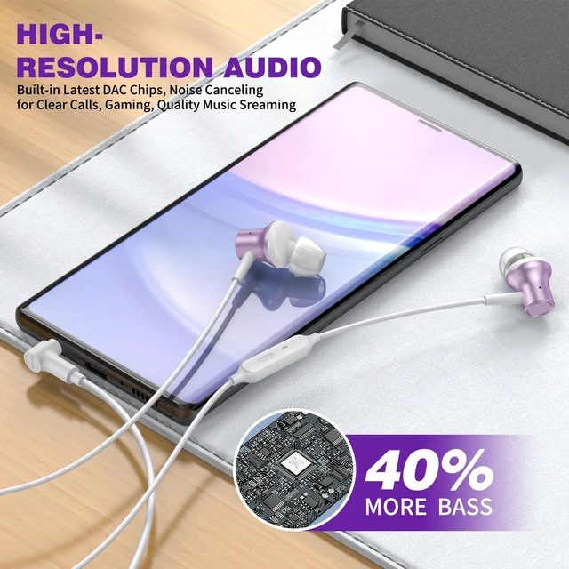 Alt view image 2 of 7 - 3.5mm Headphones Wired Earbuds for Chromebook Laptop PC, Purple Noise Isolating Ear Buds Wired Plug in Audio Jack Mic/Mute HiFi Stereo Headphone Cord Earphones for Kindle Fire Laptop School