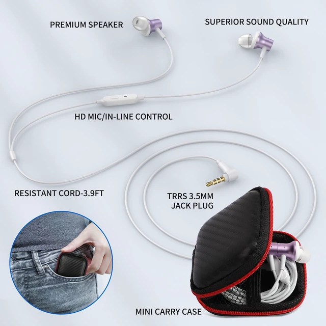 Alt view image 7 of 7 - 3.5mm Headphones Wired Earbuds for Chromebook Laptop PC, Purple Noise Isolating Ear Buds Wired Plug in Audio Jack Mic/Mute HiFi Stereo Headphone Cord Earphones for Kindle Fire Laptop School