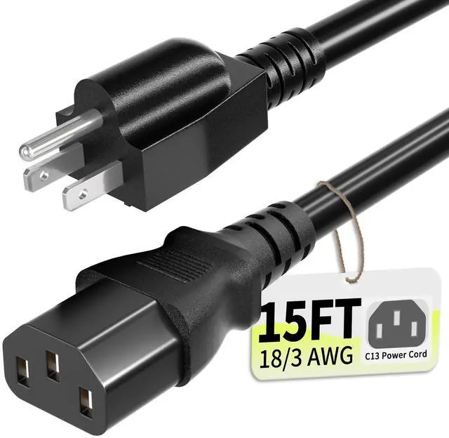 Main image of Universal 15ft(4.5m) Power Cord, 3-Prong Pure Copper ETL, Black
