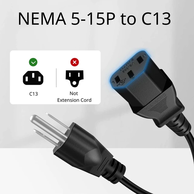 Alt view image 3 of 6 - 15FT PC Power Cord, 3 Prong 10A 125V NEMA 5-15P to IEC C13, Black 18 Awg Replacement Cable for Pcs, Monitors, Tvs, Printers, Ps3 and Other Devices with An Iec C13 Power Inlet