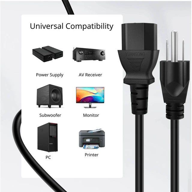 Alt view image 4 of 6 - 15FT PC Power Cord, 3 Prong 10A 125V NEMA 5-15P to IEC C13, Black 18 Awg Replacement Cable for Pcs, Monitors, Tvs, Printers, Ps3 and Other Devices with An Iec C13 Power Inlet