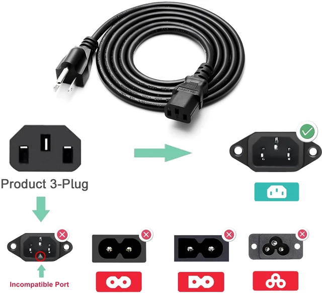 Alt view image 2 of 7 - Universal 3 Prong Power Cord 6FT 18AWG 10A 125V for TV Computer Printer | Compatible with Samsung Dell Vizio HP Laserjet Pro Radio Electronics and More Devices
