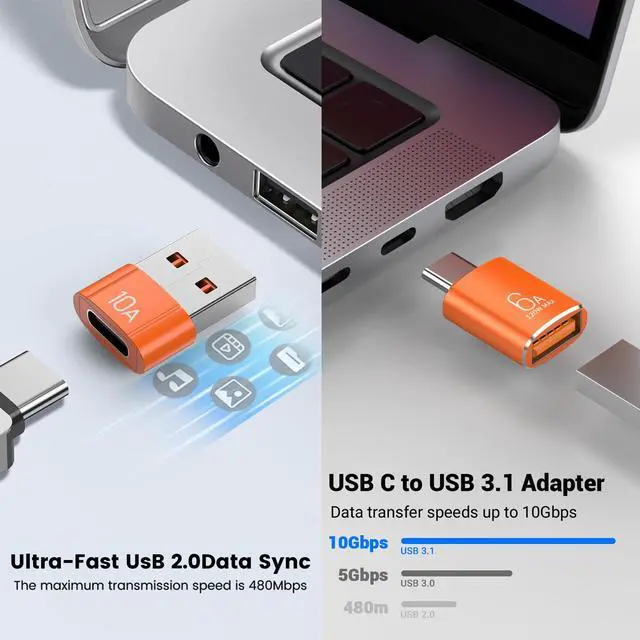 Alt view image 3 of 5 - 10-Pack 10Gbps/120W USB C to USB Adapter & C Male to 3.1 Female Charger,Compatible with MacBook Pro/Air, iPhone 17 16 15 Pro Max/15 Plus/14 13 12 Samsung Galaxy S25/S24/S23/S22(Orange)