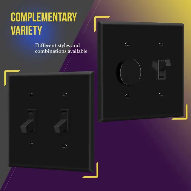 Alt view image 3 of 7 - Double Toggle Switch Cover, Two Gang Light Switch Wall Plate, Standard Size 2-Gang 4.5" x 4.5", Unbreakable Polycarbonate Thermoplastic, UL Listed, 8812-BK, Black