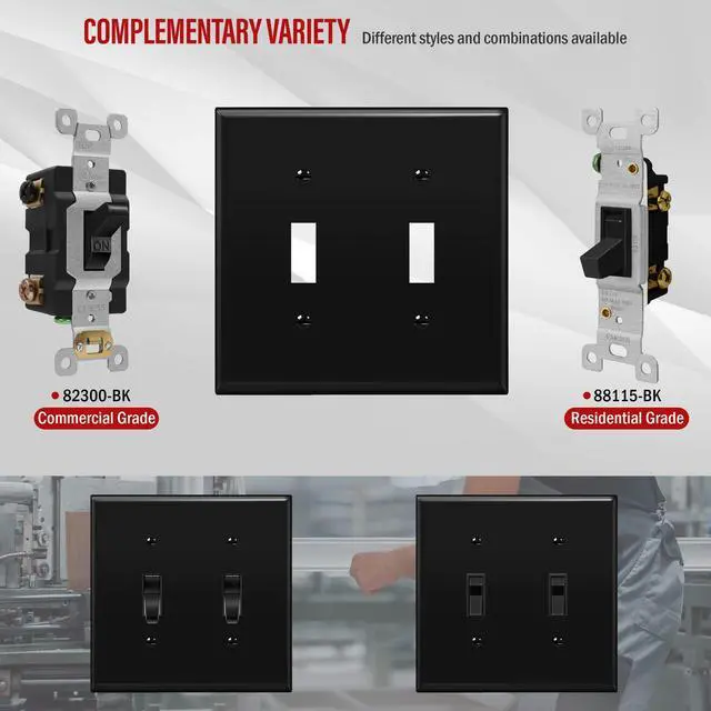 Alt view image 6 of 7 - Double Toggle Switch Cover, Two Gang Light Switch Wall Plate, Standard Size 2-Gang 4.5" x 4.5", Unbreakable Polycarbonate Thermoplastic, UL Listed, 8812-BK, Black