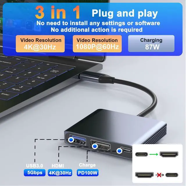 Alt view image 2 of 7 - USB C to HDMI Adapter, 3-in-1 4K@30Hz Digital AV Multiport Adapter with 4K HDMI Output, 100W PD & USB 3.0 Port, Type C to HDMI Adapter Compatible for MacBook Pro, HP, MacBook Air, iPad Pro, Dell, HP