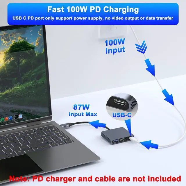 Alt view image 3 of 7 - USB C to HDMI Adapter, 3-in-1 4K@30Hz Digital AV Multiport Adapter with 4K HDMI Output, 100W PD & USB 3.0 Port, Type C to HDMI Adapter Compatible for MacBook Pro, HP, MacBook Air, iPad Pro, Dell, HP