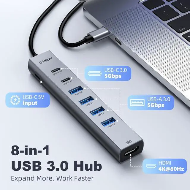 Alt view image 2 of 7 - USB C Hub HDMI Multiport Adapter USB C to HDMI USBC Hub with HDMI 4K60Hz 8 Ports Aluminum Thunderbolt to USB Hub 3.0 5Gbps Type C Hub Extender for Laptop Mac iPad PC Surface(8 Ports)