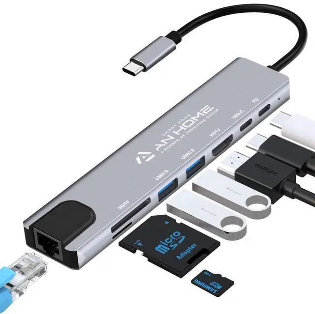 Main image of USB C Hub Ethernet HDMI 4K Adapter, 8-in-1 Multiport Dock USB-C to RJ45 Ethernet USB 3.0 SD/TF Card Reader 87W PD Charging Port Dongle Compatible with MacBook Pro/Air and Type C Windows Laptop