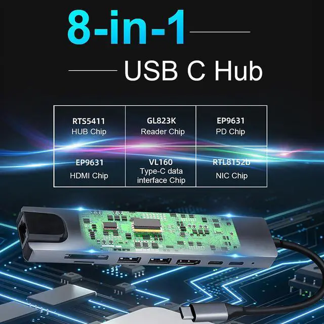 Alt view image 4 of 6 - USB C Hub Ethernet HDMI 4K Adapter, 8-in-1 Multiport Dock USB-C to RJ45 Ethernet USB 3.0 SD/TF Card Reader 87W PD Charging Port Dongle Compatible with MacBook Pro/Air and Type C Windows Laptop