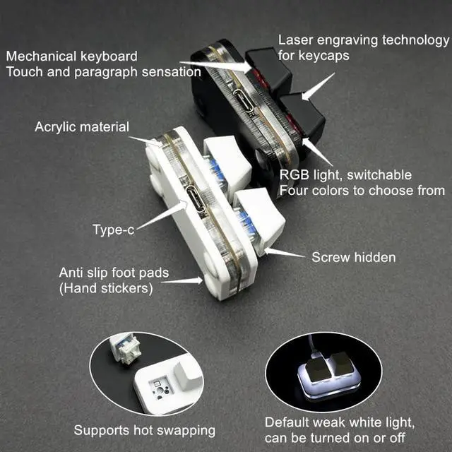 Alt view image 2 of 6 - USB Mini 2-Key Programmable Macro Keyboard, Hot Swappable Mechanical Keyboard with 1.5 Meter USB Data Cable (Black)