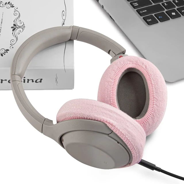 Alt view image 4 of 7 - 2 Pairs Knit Headphones Ear Covers - Product Safety Certified - Washable & Stretchable Sanitary Earcup Protectors for Over-Ear Headsets, Sweat Pads for Gym, Gaming (Size M/Pink)