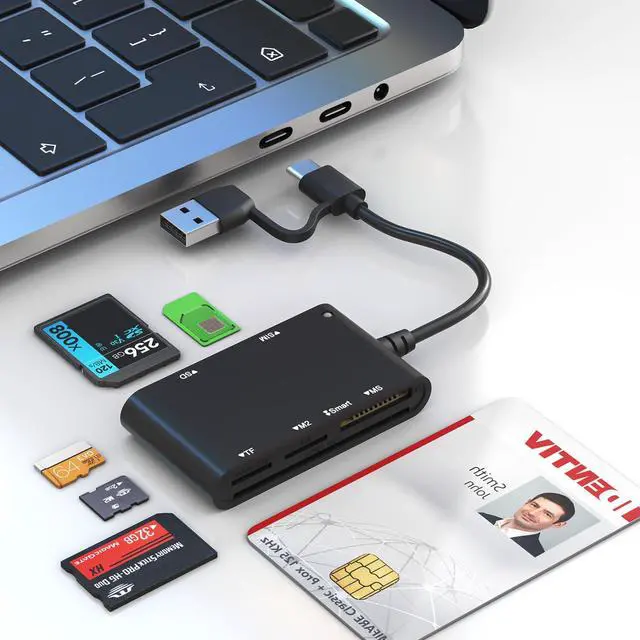 Main image of USB C/A SIM Card Reader & CAC Reader Military - 7 in 2 Smart Card Reader SIM Card Adapter, Military CAC/SD/TF/Memory Stick Pro Duo/M2/IC/PIV/MMC Memory Card Reader for Windows/Mac/Linux, Plug and Play