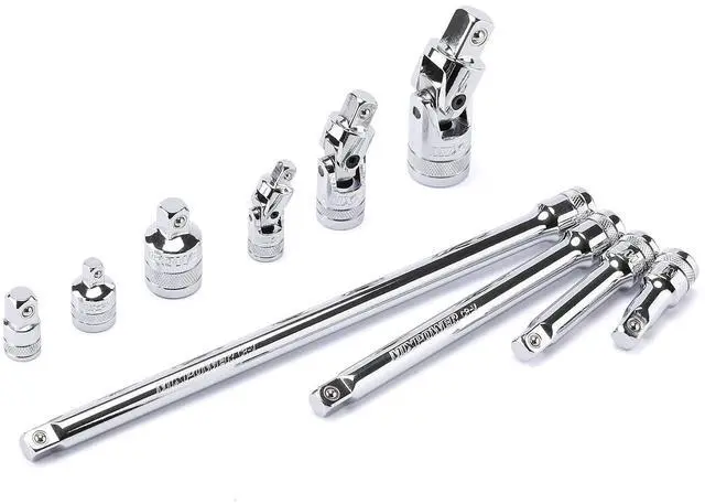 Main image of 10 Pieces Drive Tool Accessory Set, Includes Socket Adapters, Extension Bars and Universal Joints, Premium Chrome Vanadium Steel Construction - 1/4-inch, 3/8-inch and 1/2-inch Drive Sizes