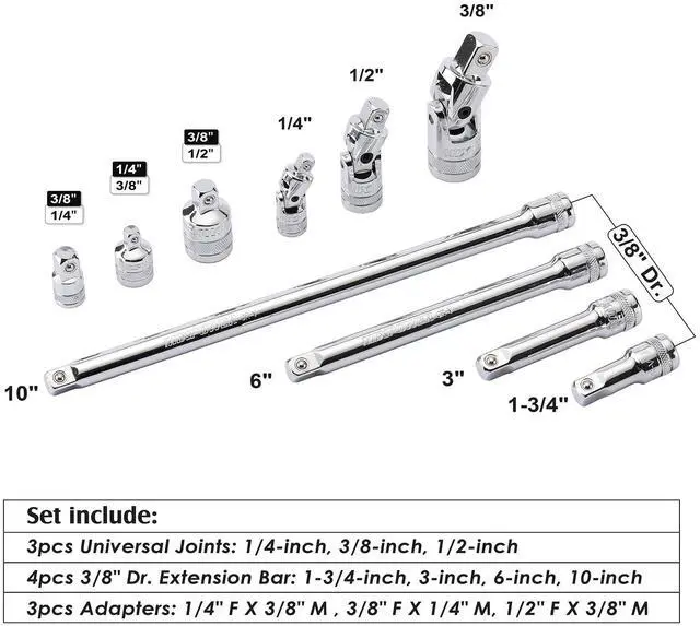 Alt view image 2 of 7 - 10 Pieces Drive Tool Accessory Set, Includes Socket Adapters, Extension Bars and Universal Joints, Premium Chrome Vanadium Steel Construction - 1/4-inch, 3/8-inch and 1/2-inch Drive Sizes