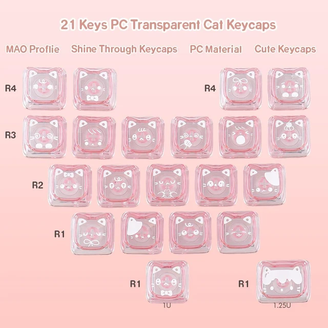Alt view image 6 of 7 - 21 Keys Crystal Jelly Transparent Keycaps, PC Material Heart Shaped Keycaps | Meow Meow Squad Personalized Cute Cat Keycaps, Mao Profile Keycap for DIY MX Switches Mechanical Keyboards