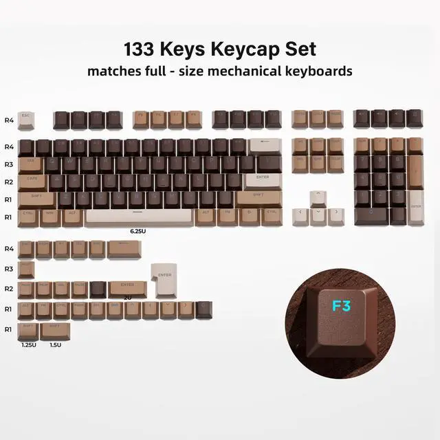 Alt view image 3 of 7 - XVX Shine Through Keycaps -133 Keys Cherry Profile Double Shot PBT Keycaps Compatible for 60%/75%/100% Retro Gaming Mechanical Keyboard-Coffee Brown