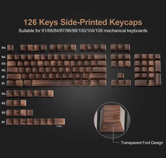 Alt view image 5 of 6 - XVX PBT Keycaps - Side Print Shine Through Custom Keycaps 60 65 75 100 Percent, Retro Dye Sub & Double Shot Key caps Set 126 Keys, Cherry Profile for Mechanical Keyboard, Walnut Textures