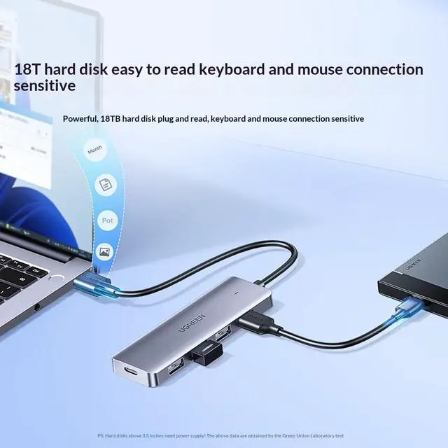 Alt view image 3 of 7 - UGREEN USB 3.0 Hub 4-Port, 0.5m, Classic USB Expansion Adapter, 5 Gbps High-Speed USB Hub with Type-C Power Port, Compatible with Laptops and Desktops, Supports 18 TB Hard Drives, Keyboards, Mice