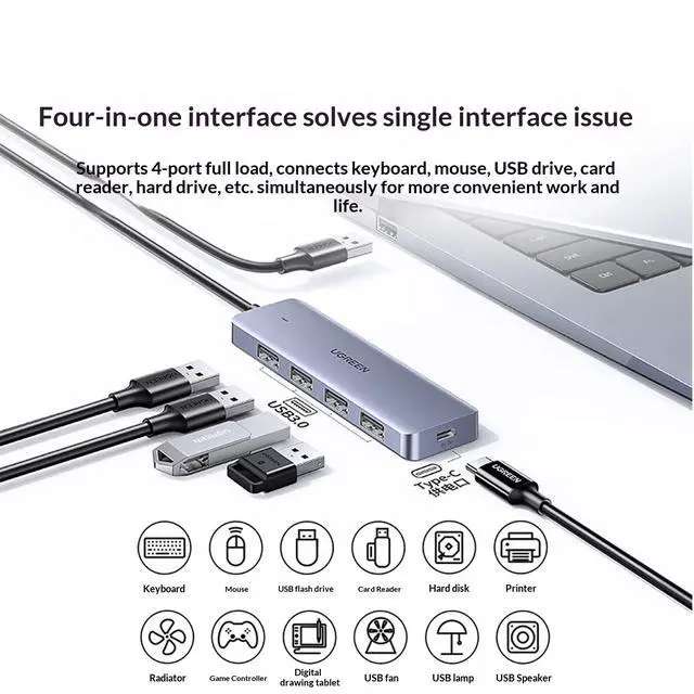 Alt view image 7 of 7 - UGREEN USB 3.0 Hub 4-Port, 0.5m, Classic USB Expansion Adapter, 5 Gbps High-Speed USB Hub with Type-C Power Port, Compatible with Laptops and Desktops, Supports 18 TB Hard Drives, Keyboards, Mice