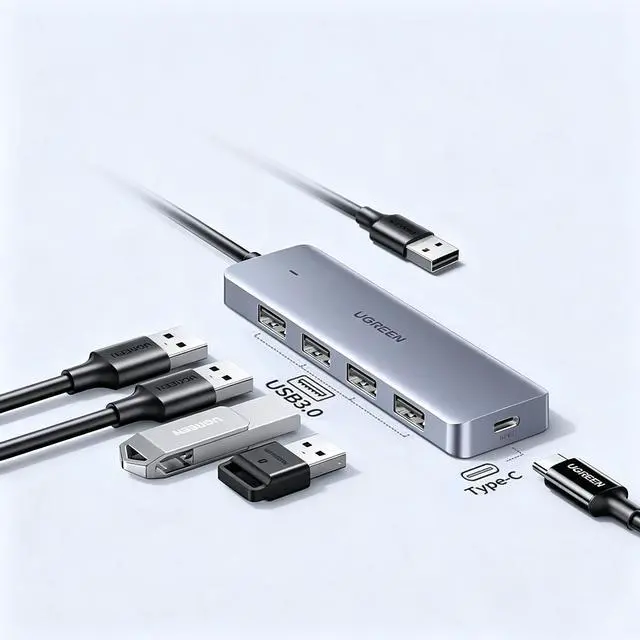 Main image of UGREEN USB 3.0 Hub 4-Port, 0.5m, Classic USB Expansion Adapter, 5 Gbps High-Speed USB Hub with Type-C Power Port, Compatible with Laptops and Desktops, Supports 18 TB Hard Drives, Keyboards, Mice