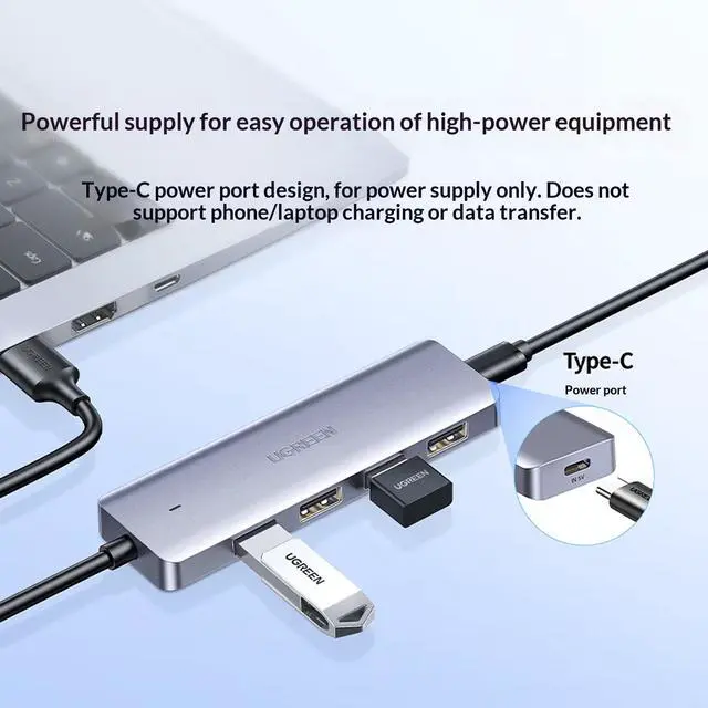 Alt view image 6 of 7 - UGREEN USB 3.0 Hub 4-Port, 1.5m, Classic USB Expansion Adapter, 5 Gbps High-Speed USB Hub with Type-C Power Port, Compatible with Laptops and Desktops, Supports 18 TB Hard Drives, Keyboards, Mice