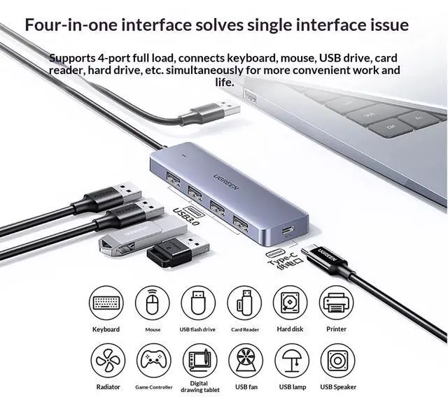 Alt view image 7 of 7 - UGREEN USB 3.0 Hub 4-Port, 0.15m, Gbps High Speed USB Splitter with Type-C Power Port, Aluminum USB Expander Adapter for Laptop PC Desktop, Supports 18TB Hard Drive, Keyboard, Mouse, Flash Drive