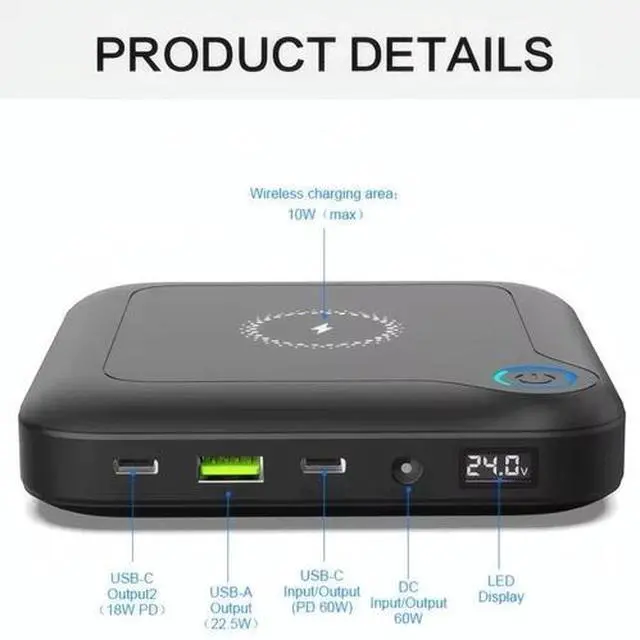 Alt view image 3 of 4 - Laptop Power Bank 24000mAh 100W USB-C PDQi Wireless, DC Output, Travel Charger